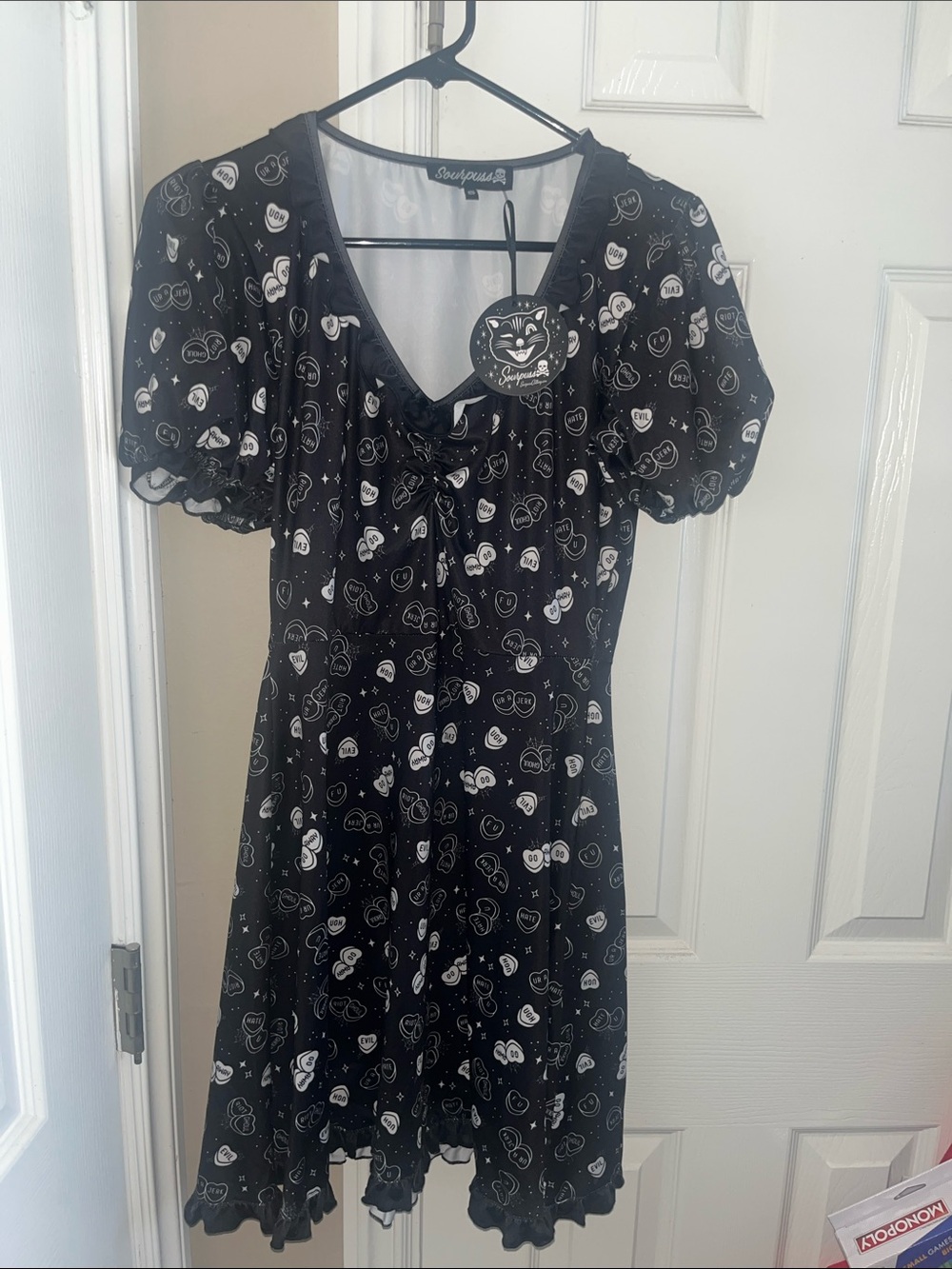 Sourpuss Black Dress with White Heart & Face Print